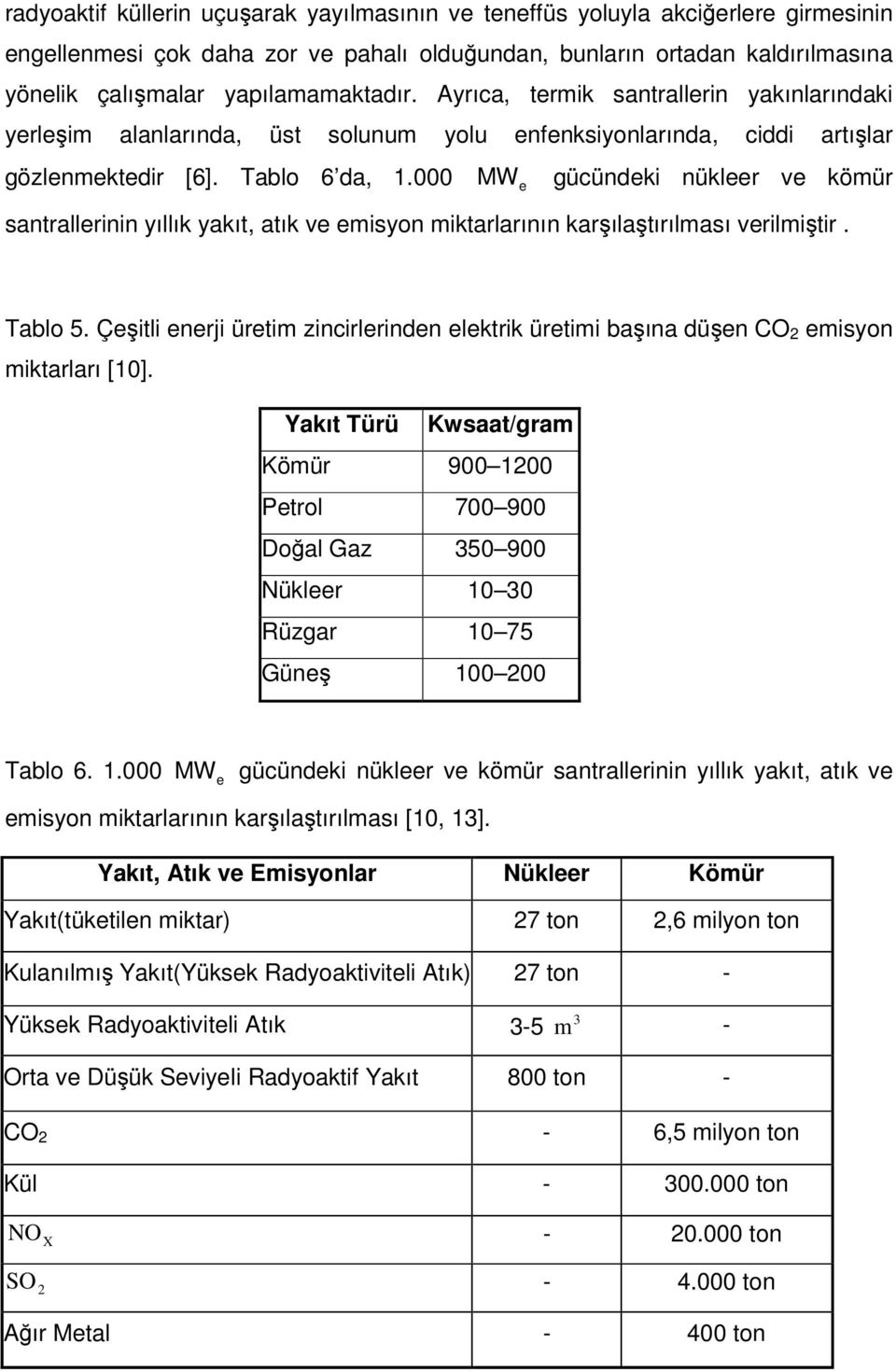 000 MW e gücündeki nükleer ve kömür santrallerinin yıllık yakıt, atık ve emisyon miktarlarının karşılaştırılması verilmiştir. Tablo 5.