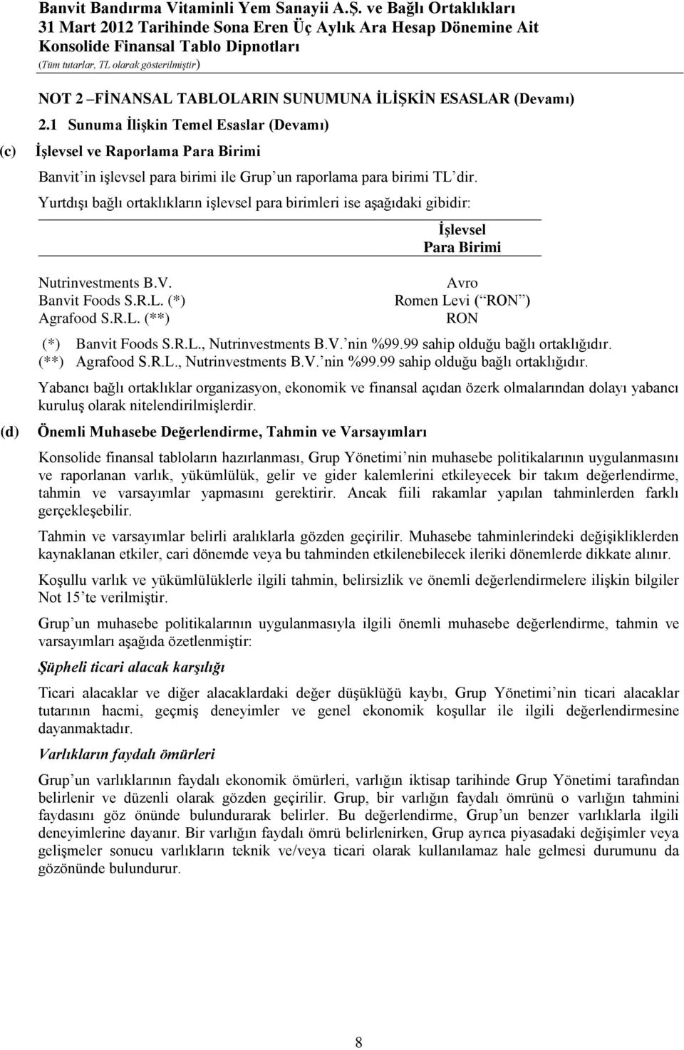 Yurtdışı bağlı ortaklıkların işlevsel para birimleri ise aşağıdaki gibidir: Nutrinvestments B.V. Banvit Foods S.R.L. (*) Agrafood S.R.L. (**) İşlevsel Para Birimi Avro Romen Levi ( RON ) RON (*) Banvit Foods S.