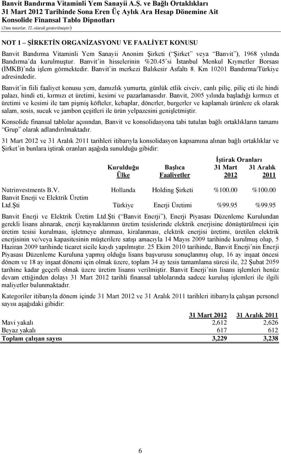 Banvit in fiili faaliyet konusu yem, damızlık yumurta, günlük etlik civciv, canlı piliç, piliç eti ile hindi palazı, hindi eti, kırmızı et üretimi, kesimi ve pazarlamasıdır.