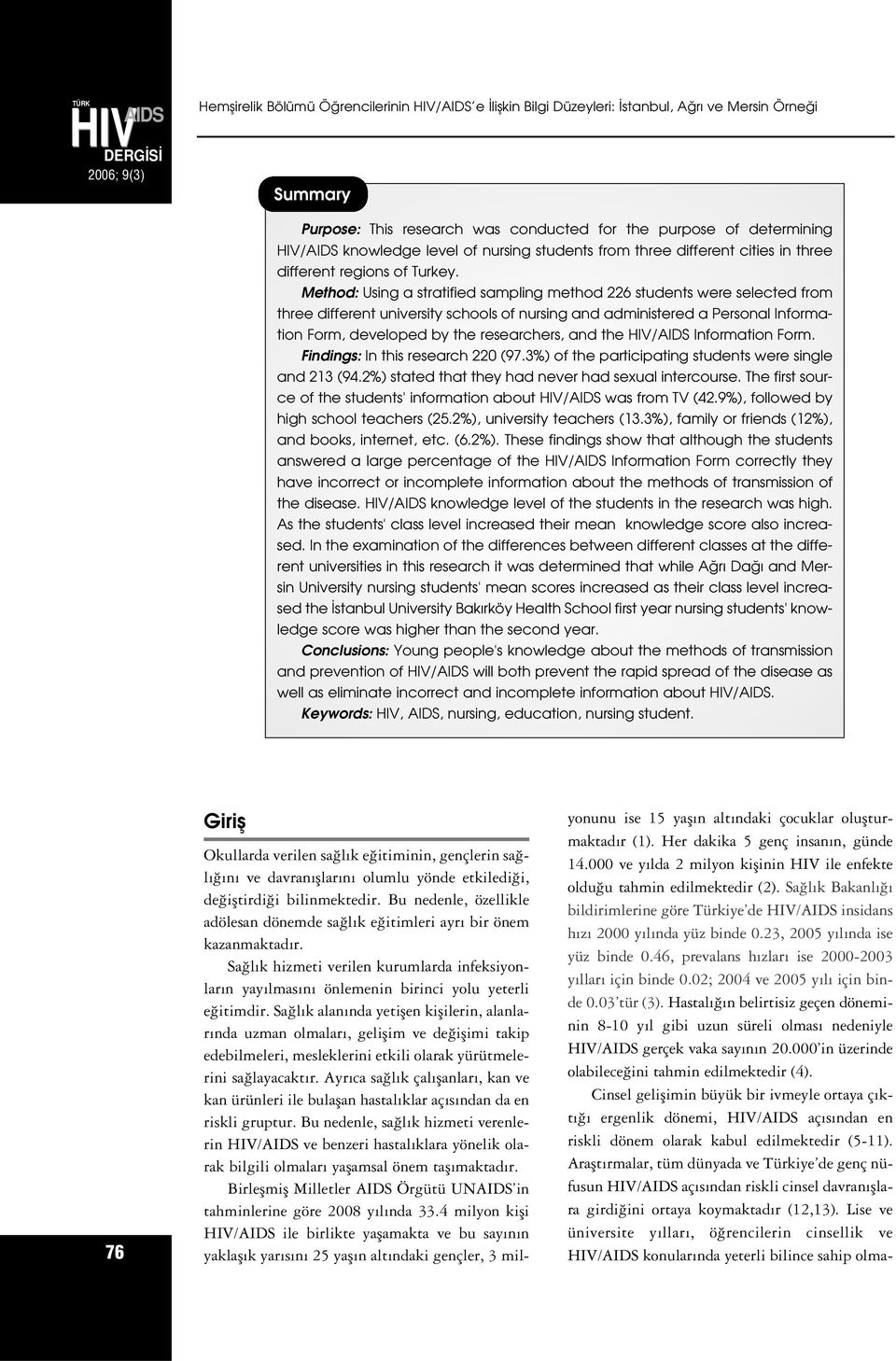 Method: Using a stratified sampling method 226 students were selected from three different university schools of nursing and administered a Personal Information Form, developed by the researchers,