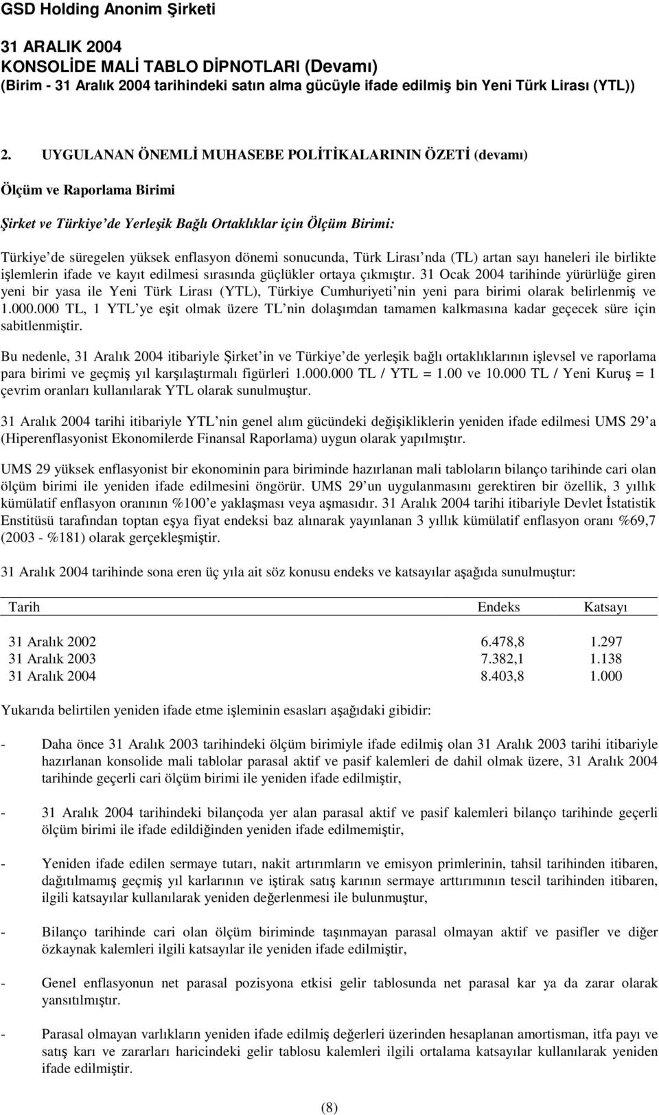 31 Ocak 2004 tarihinde yürürlüe giren yeni bir yasa ile Yeni Türk Lirası (YTL), Türkiye Cumhuriyeti nin yeni para birimi olarak belirlenmi ve 1.000.