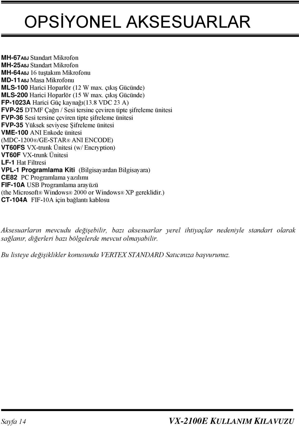 8 VDC 23 A) FVP-25 DTMF Çağrı / Sesi tersine çeviren tipte şifreleme ünitesi FVP-36 Sesi tersine çeviren tipte şifreleme ünitesi FVP-35 Yüksek seviyese Şifreleme ünitesi VME-100 ANI Enkode ünitesi