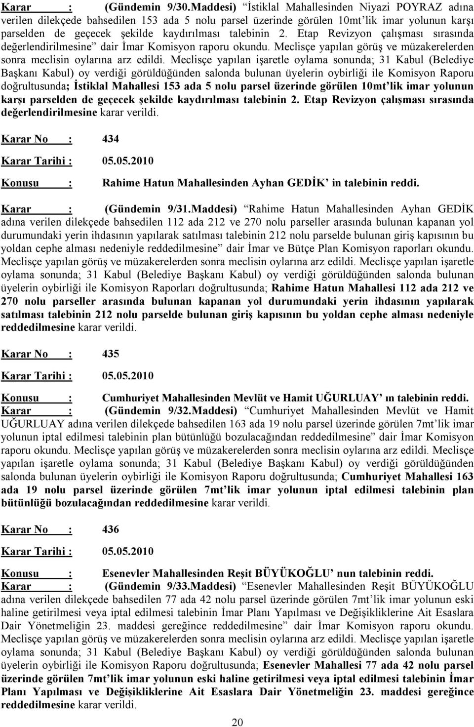 2. Etap Revizyon çalışması sırasında değerlendirilmesine dair İmar Komisyon raporu okundu. Meclisçe yapılan görüş ve müzakerelerden sonra meclisin oylarına arz edildi.