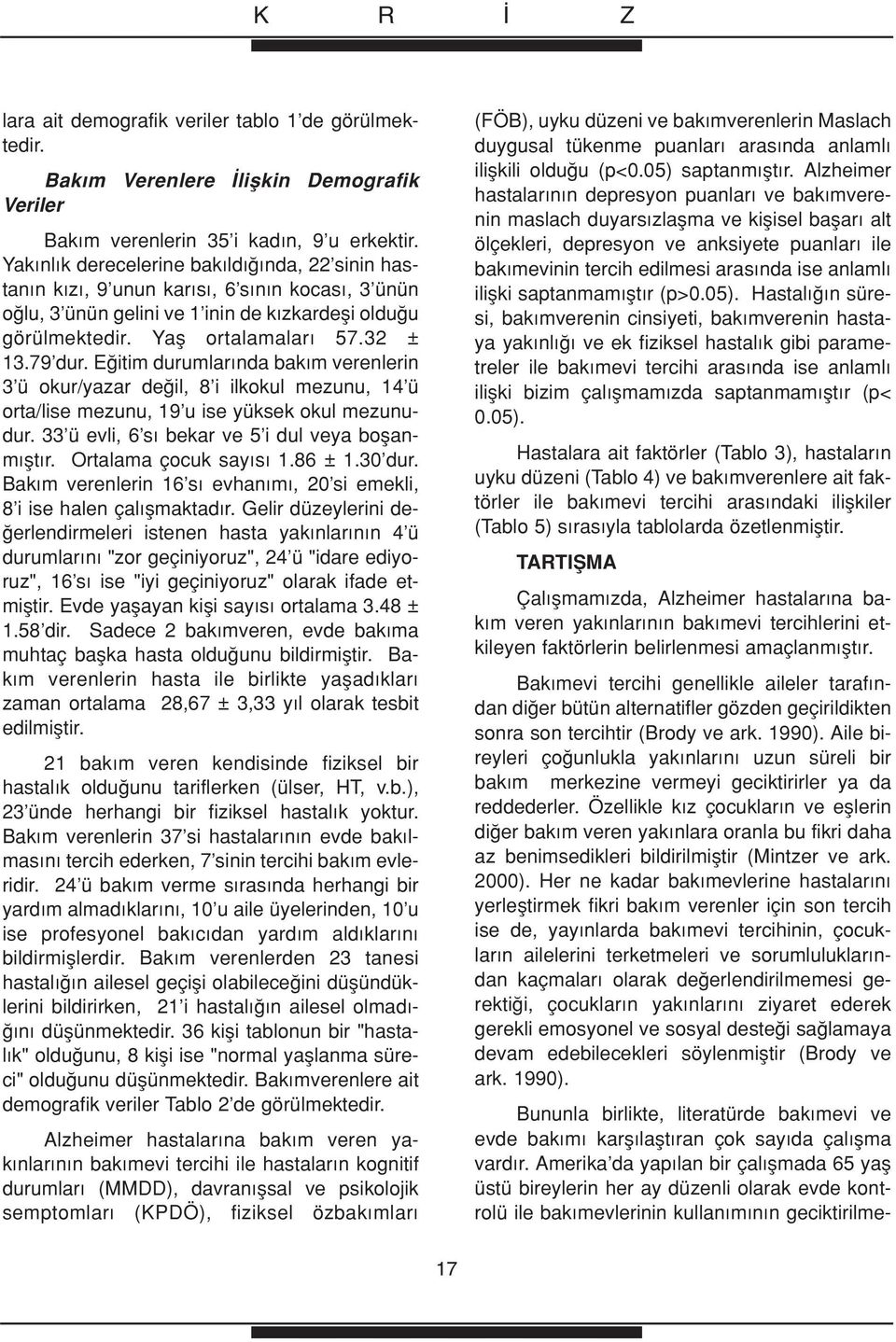 E itim durumlar nda bak m verenlerin 3 ü okur/yazar de il, 8 i ilkokul mezunu, 14 ü orta/lise mezunu, 19 u ise yüksek okul mezunudur. 33 ü evli, 6 s bekar ve 5 i dul veya boflanm flt r.