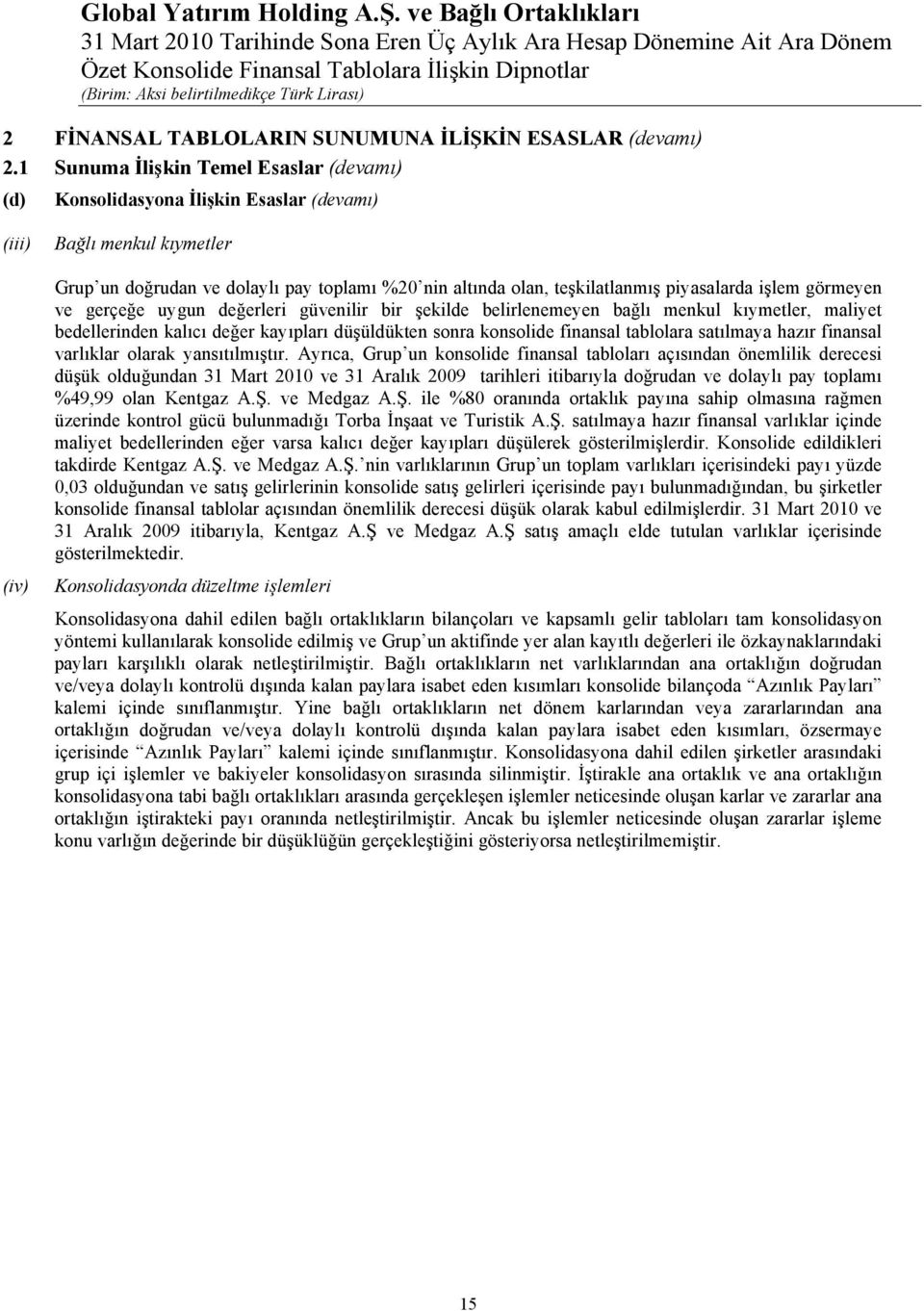 piyasalarda işlem görmeyen ve gerçeğe uygun değerleri güvenilir bir şekilde belirlenemeyen bağlı menkul kıymetler, maliyet bedellerinden kalıcı değer kayıpları düşüldükten sonra konsolide finansal