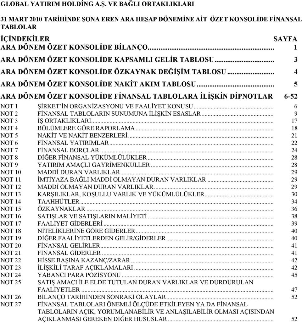 .. 5 ARA DÖNEM ÖZET KONSOLİDE FİNANSAL TABLOLARA İLİŞKİN DİPNOTLAR 6-52 NOT 1 ŞİRKET İN ORGANİZASYONU VE FAALİYET KONUSU... 6 NOT 2 FİNANSAL TABLOLARIN SUNUMUNA İLİŞKİN ESASLAR.