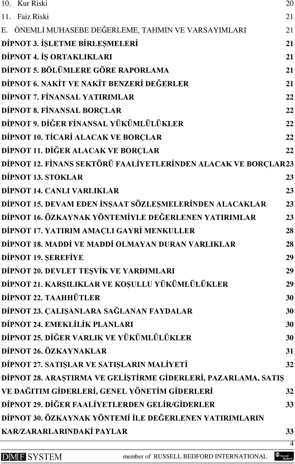 TĠCARĠ ALACAK VE BORÇLAR 22 DĠPNOT 11. DĠĞER ALACAK VE BORÇLAR 22 DĠPNOT 12. FĠNANS SEKTÖRÜ FAALĠYETLERĠNDEN ALACAK VE BORÇLAR 23 DĠPNOT 13. STOKLAR 23 DĠPNOT 14. CANLI VARLIKLAR 23 DĠPNOT 15.