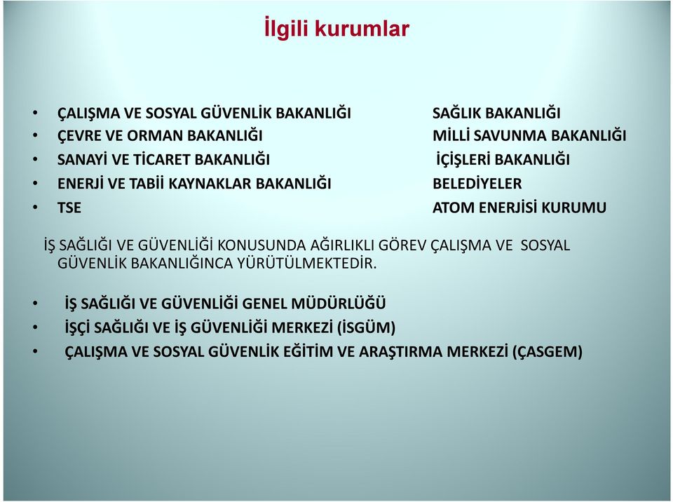 SAĞLIĞI VE GÜVENLİĞİ KONUSUNDA AĞIRLIKLI GÖREV ÇALIŞMA VE SOSYAL GÜVENLİK BAKANLIĞINCA YÜRÜTÜLMEKTEDİR.