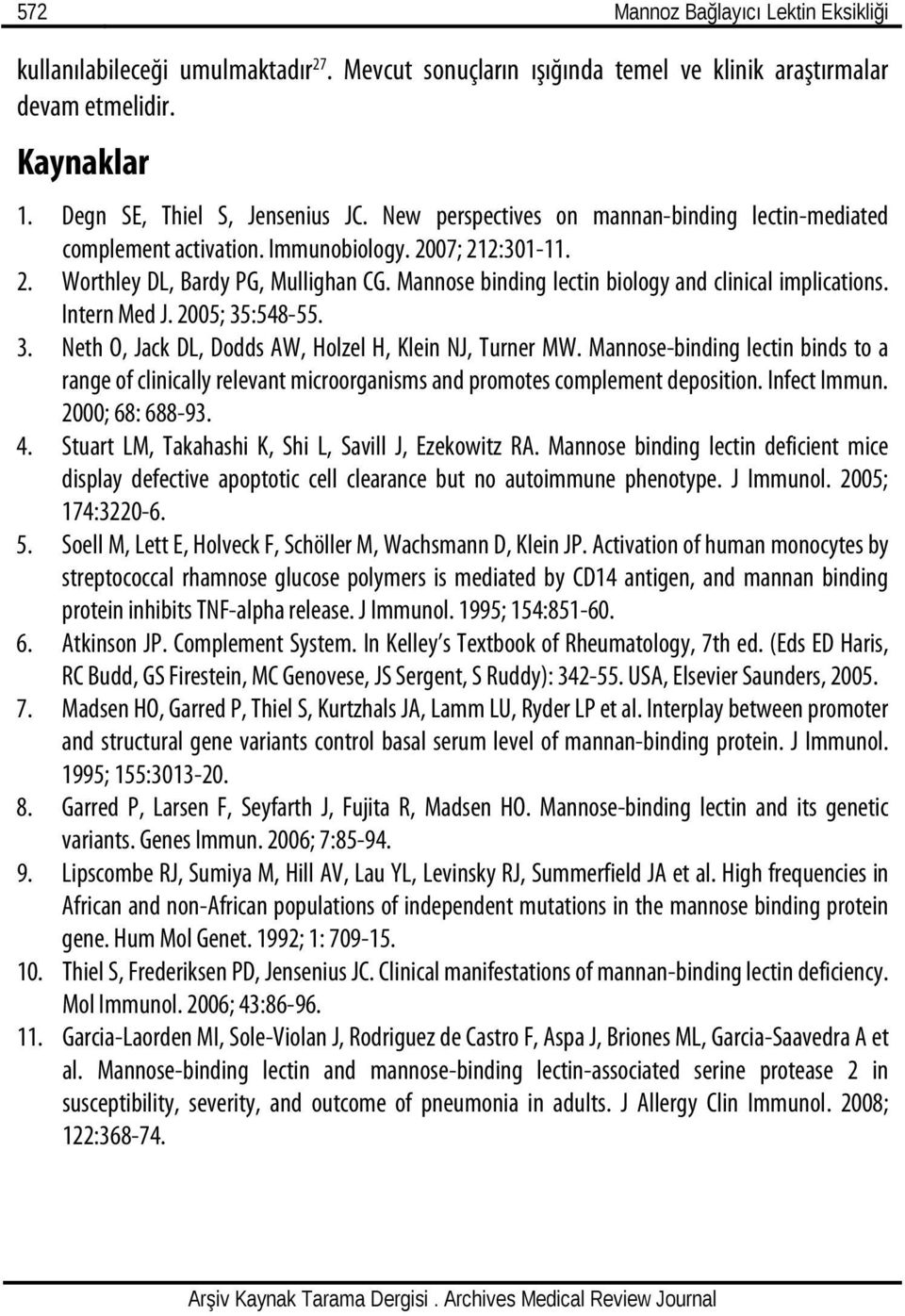 Mannose binding lectin biology and clinical implications. Intern Med J. 2005; 35:548-55. 3. Neth O, Jack DL, Dodds AW, Holzel H, Klein NJ, Turner MW.
