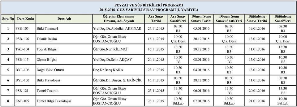 Nuri KİLİMCİ 16.11.2015 4 PSB-115 Ölçme Bilgisi Yrd.Doç.Dr.Selin AKÇAY 20.11.2015 15.01.2016 5 BYL-106 Doğal Bitki Örtüsü Doç.Dr.Barış KARA 23.11.2015 6 BYL-105 Bitki Fizyolojisi Öğr.