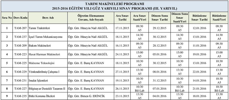 11.2015 5 TAM-225 Malzeme Teknolojisi Öğr. Gör. E. Barış KAYHAN 18.11.2015 6 TAM-229 Yönlendirilmiş Çalışma I Öğr. Gör. E. Barış KAYHAN 27.11.2015 7 TAM-231 İmalat İşlemleri Öğr. Gör. E. Barış KAYHAN 19.