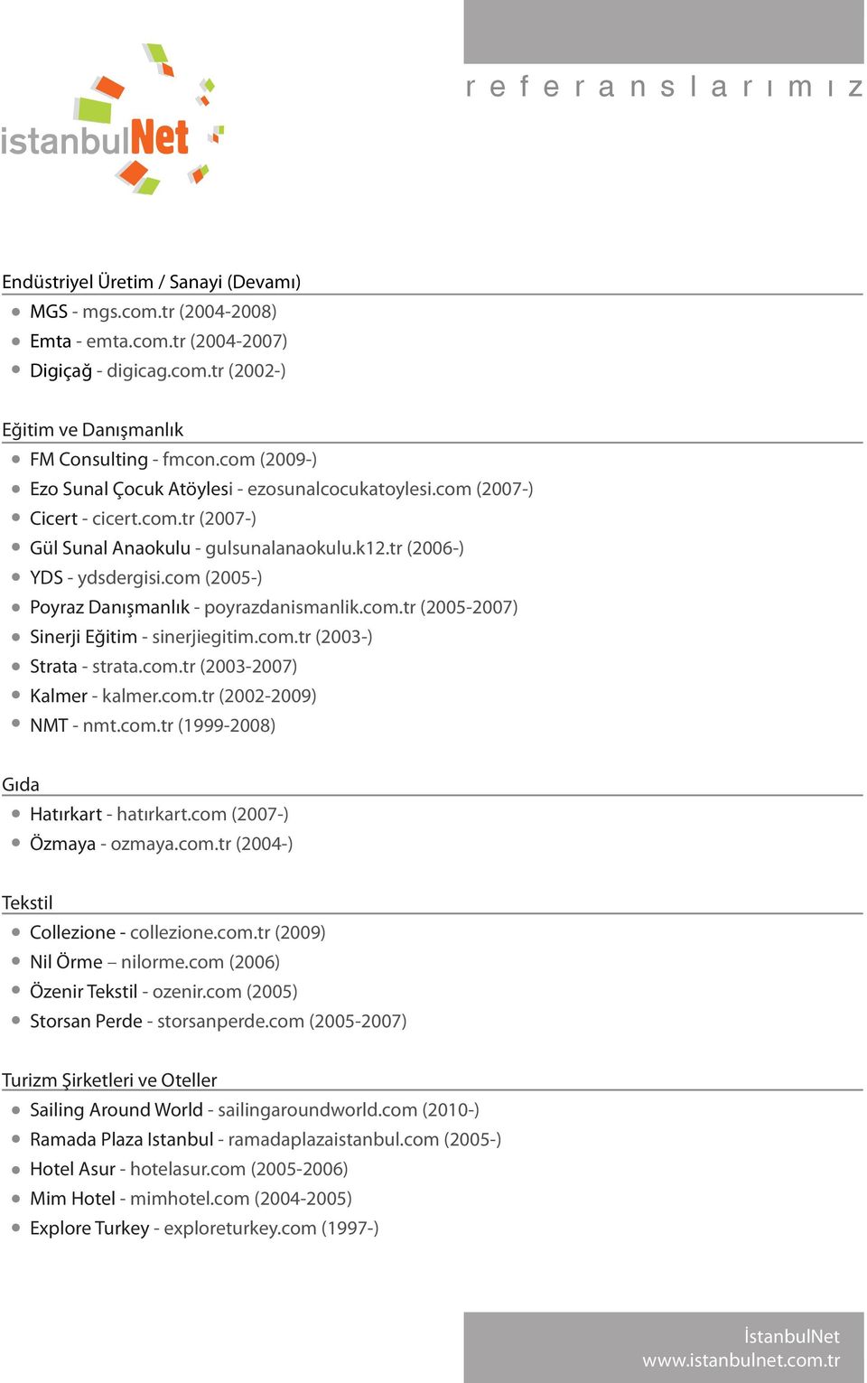 com (2005-) Poyraz Danışmanlık - poyrazdanismanlik.com.tr (2005-2007) Sinerji Eğitim - sinerjiegitim.com.tr (2003-) Strata - strata.com.tr (2003-2007) Kalmer - kalmer.com.tr (2002-2009) NMT - nmt.com.tr (1999-2008) Gıda Hatırkart - hatırkart.