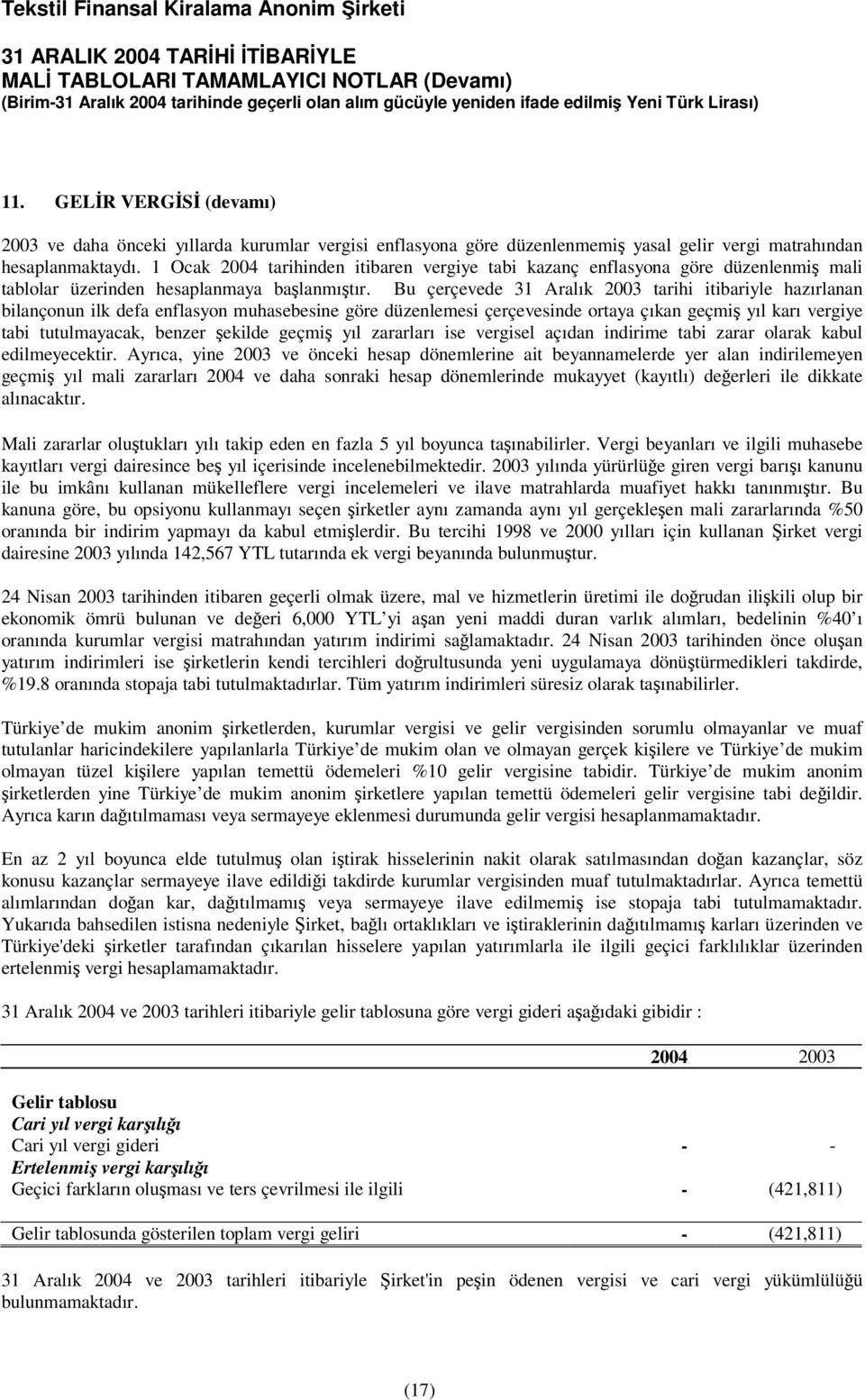 Bu çerçevede 31 Aralık 2003 tarihi itibariyle hazırlanan bilançonun ilk defa enflasyon muhasebesine göre düzenlemesi çerçevesinde ortaya çıkan geçmi yıl karı vergiye tabi tutulmayacak, benzer ekilde