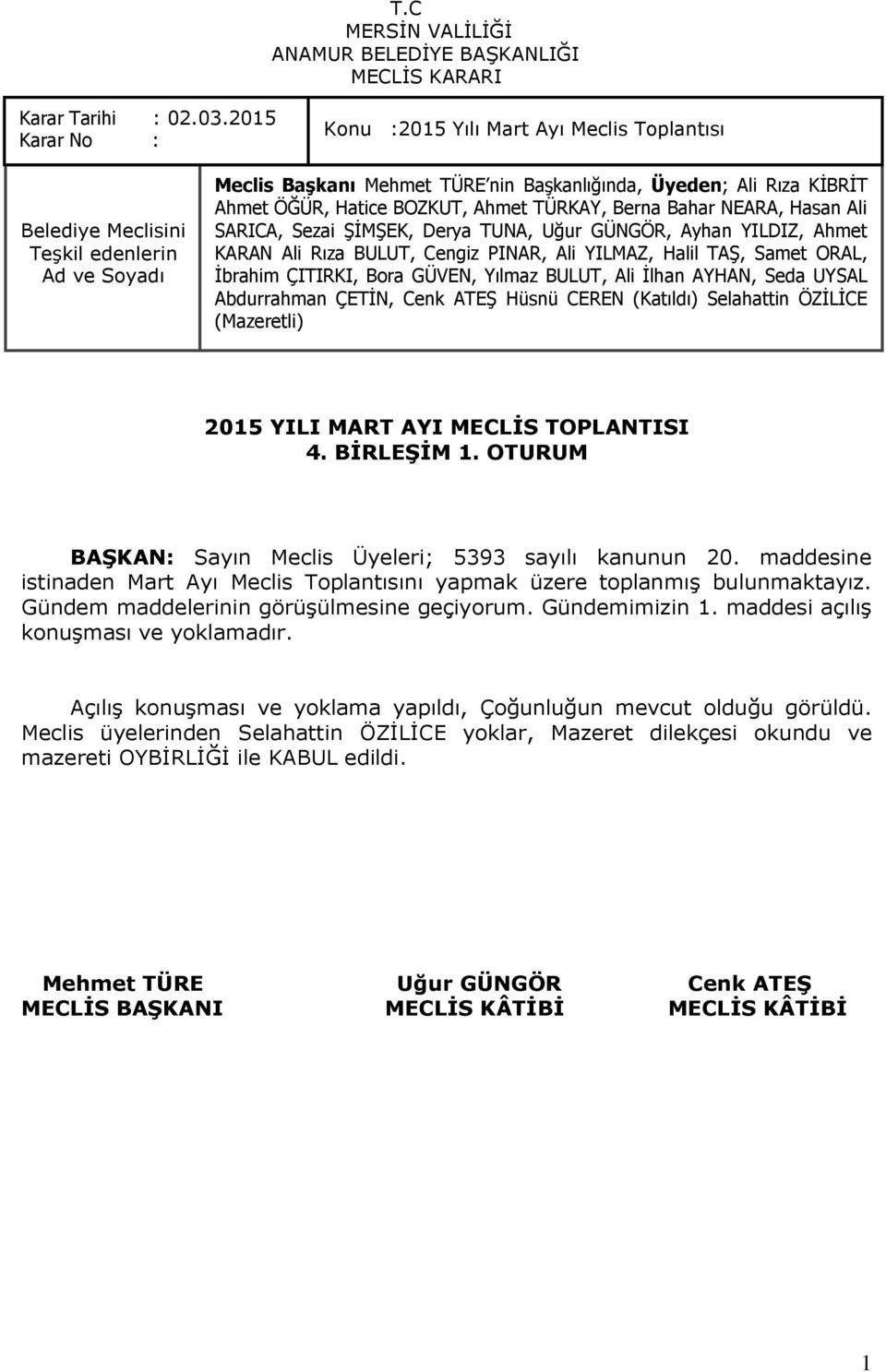 Halil TAġ, Samet ORAL, 2015 YILI MART AYI MECLİS TOPLANTISI 4. BİRLEŞİM 1. OTURUM BAŞKAN: Sayın Meclis Üyeleri; 5393 sayılı kanunun 20.