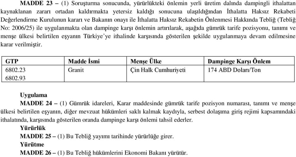 aşağıda gümrük tarife pozisyonu, tanımı ve menşe ülkesi belirtilen eşyanın Türkiye ye ithalinde karşısında gösterilen şekilde uygulanmaya devam edilmesine karar verilmiştir.