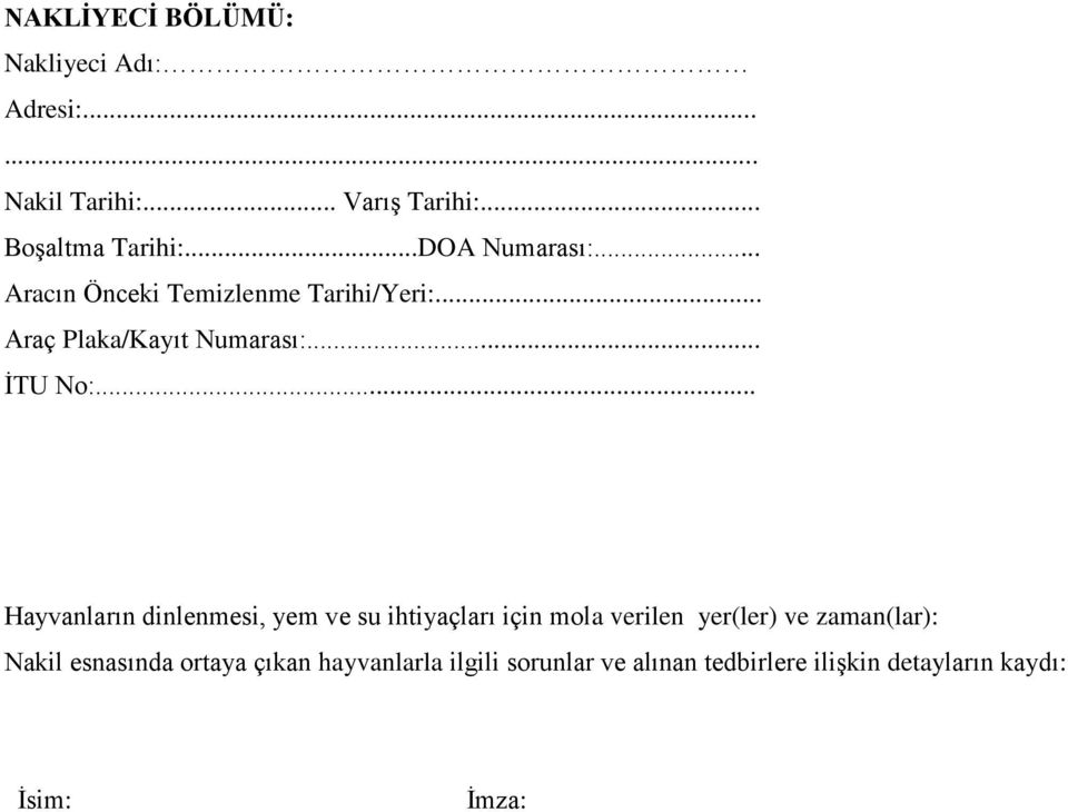 .. Hayvanların dinlenmesi, yem ve su ihtiyaçları için mola verilen yer(ler) ve zaman(lar): Nakil