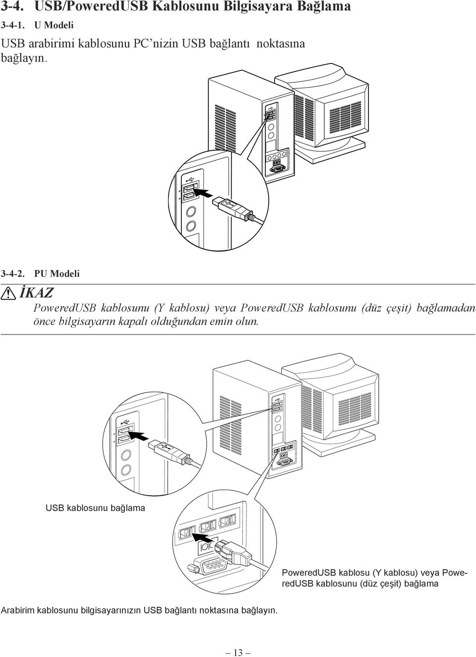 PU Modeli İKAZ PoweredUSB kablosunu (Y kablosu) veya PoweredUSB kablosunu (düz çeşit) bağlamadan önce