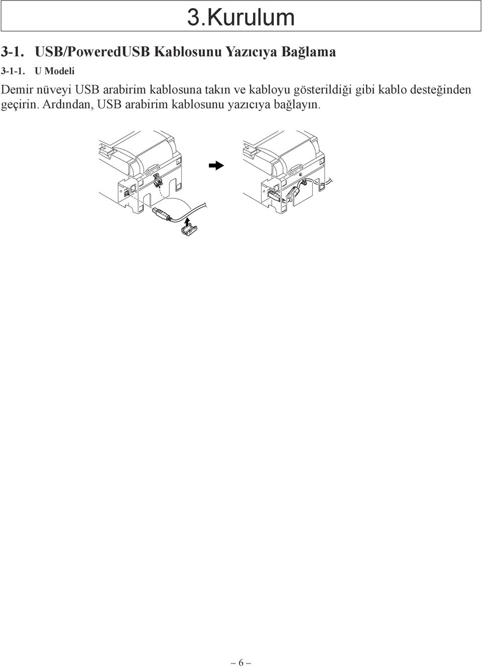 U Modeli Demir nüveyi USB arabirim kablosuna takın ve