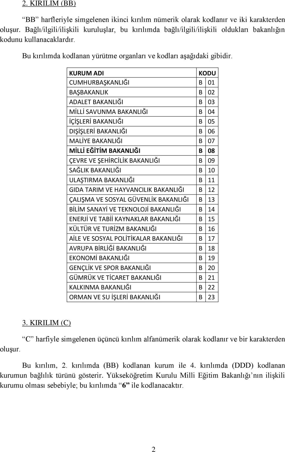 KURUM ADI KODU CUMHURBAŞKANLIĞI B 01 BAŞBAKANLIK B 02 ADALET BAKANLIĞI B 03 MİLLİ SAVUNMA BAKANLIĞI B 04 İÇİŞLERİ BAKANLIĞI B 05 DIŞİŞLERİ BAKANLIĞI B 06 MALİYE BAKANLIĞI B 07 MİLLİ EĞİTİM BAKANLIĞI