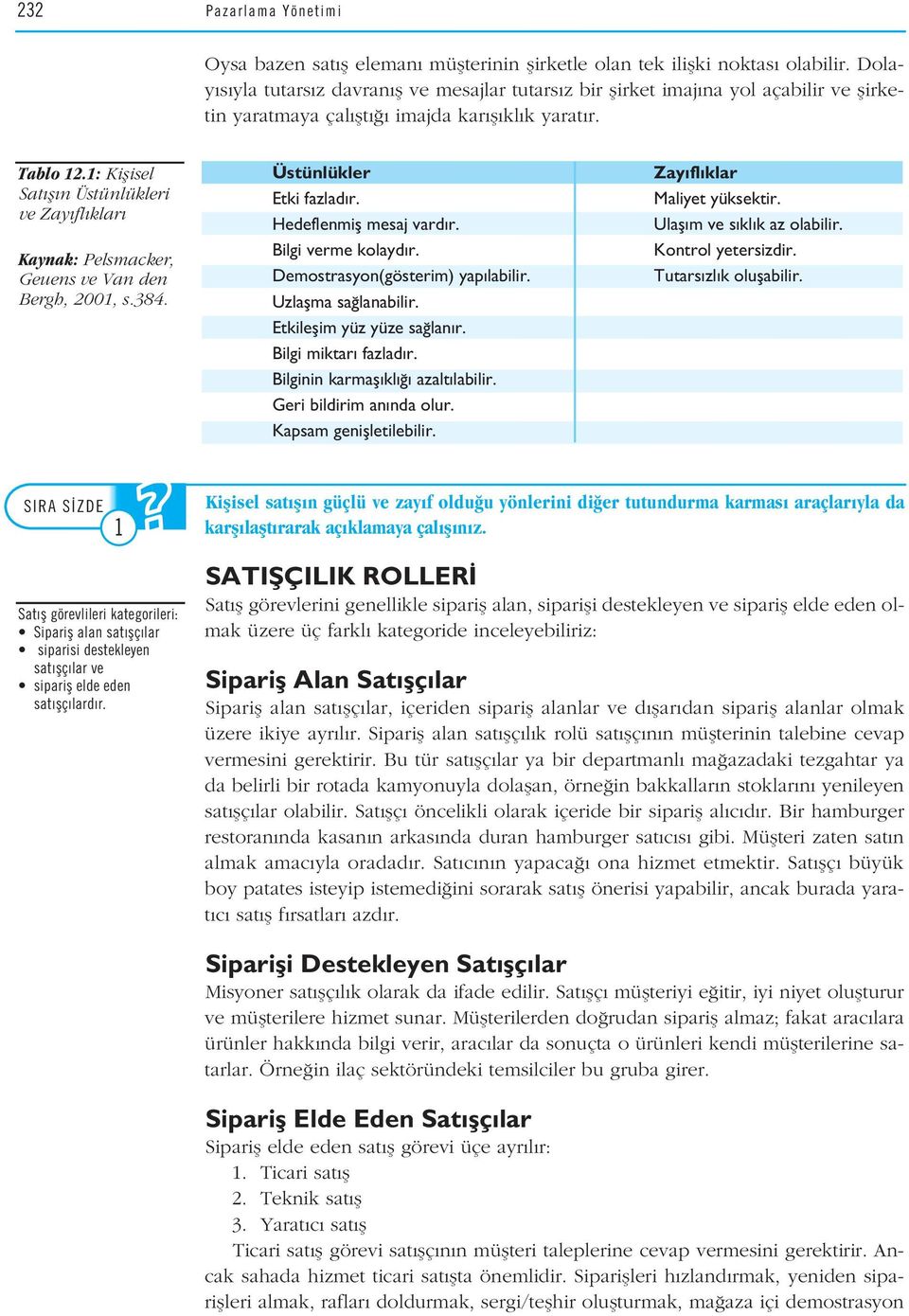 1: Kiflisel Sat fl n Üstünlükleri ve Zay fl klar Kaynak: Pelsmacker, Geuens ve Van den Bergh, 2001, s.384. Üstünlükler Etki fazlad r. Hedeflenmifl mesaj vard r. Bilgi verme kolayd r.