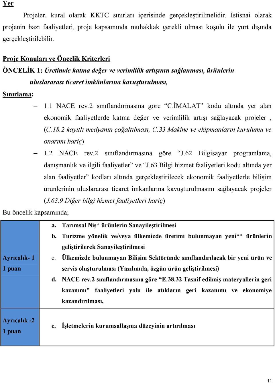 Proje Konuları ve Öncelik Kriterleri ÖNCELİK 1: Üretimde katma değer ve verimlilik artışının sağlanması, ürünlerin uluslararası ticaret imkânlarına kavuşturulması, Sınırlama: 1.1 NACE rev.