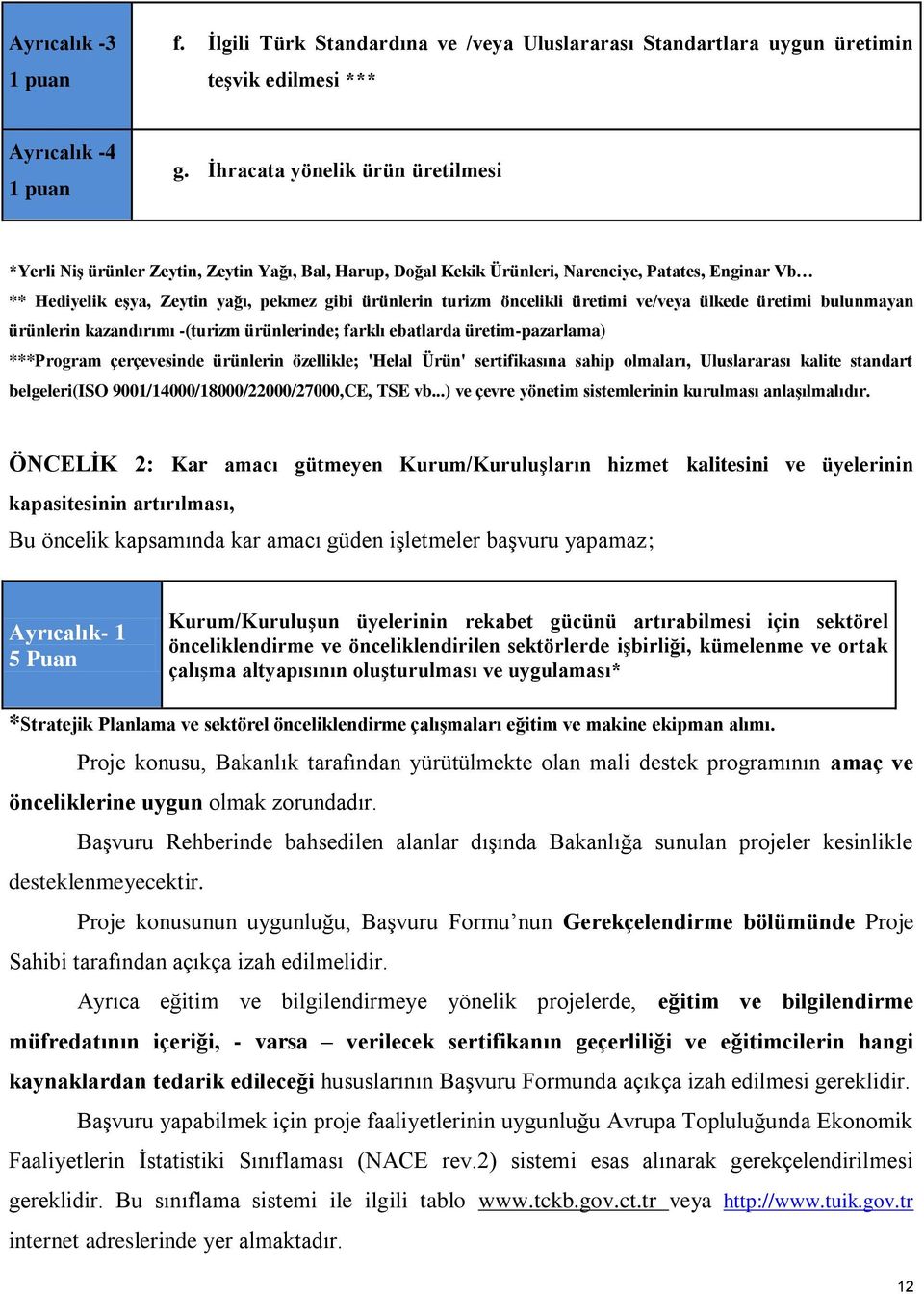 öncelikli üretimi ve/veya ülkede üretimi bulunmayan ürünlerin kazandırımı -(turizm ürünlerinde; farklı ebatlarda üretim-pazarlama) ***Program çerçevesinde ürünlerin özellikle; 'Helal Ürün'