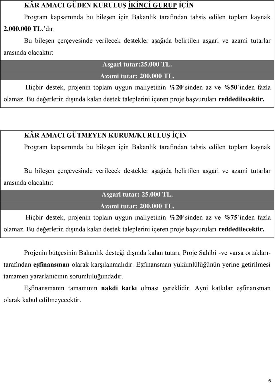 Azami tutar: 200.000 TL. Hiçbir destek, projenin toplam uygun maliyetinin %20 sinden az ve %50 inden fazla olamaz.