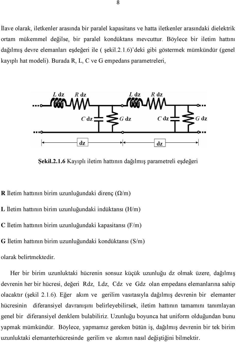 6) deki gibi göstermek mümkündür (genel kayıplı hat modeli). Burada R, L, C ve G empedans parametreleri, Şekil.2.1.