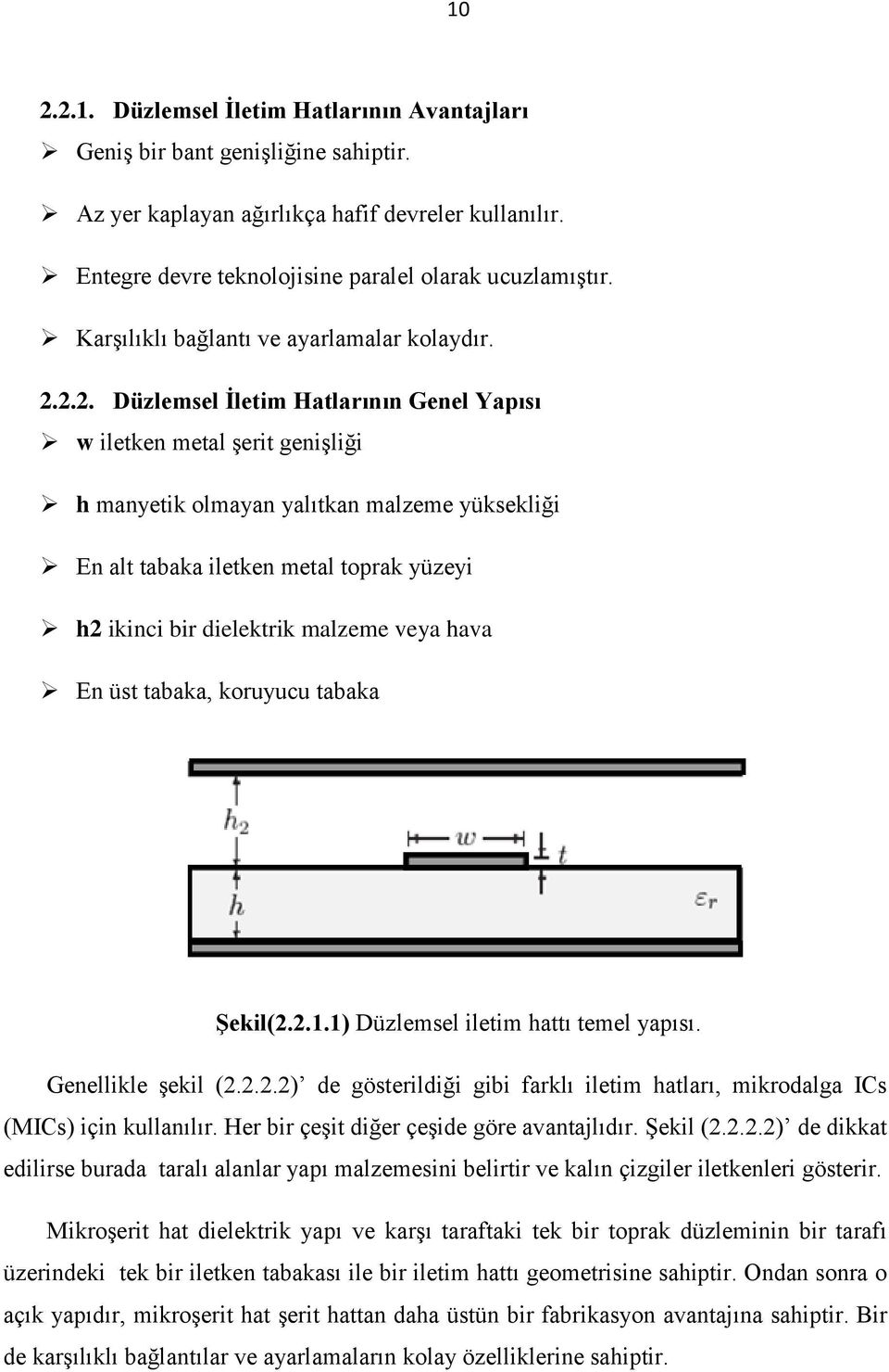 2.2. Düzlemsel İletim Hatlarının Genel Yapısı w iletken metal şerit genişliği h manyetik olmayan yalıtkan malzeme yüksekliği En alt tabaka iletken metal toprak yüzeyi h2 ikinci bir dielektrik malzeme