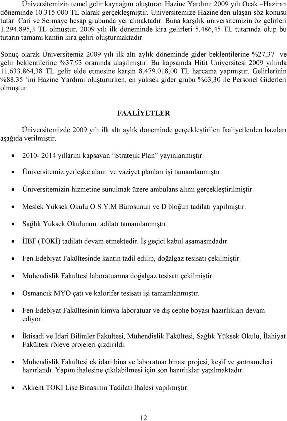 2009 yılı ilk döneminde kira gelirleri 5.486,45 TL tutarında olup bu tutarın tamamı kantin kira geliri oluşturmaktadır.