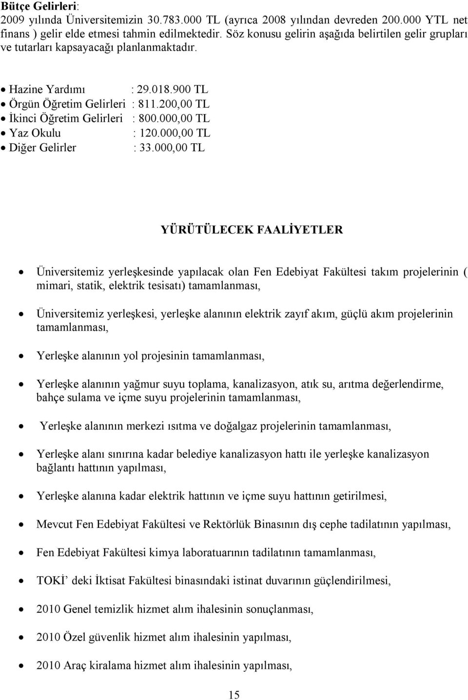 000,00 TL Yaz Okulu : 120.000,00 TL Diğer Gelirler : 33.