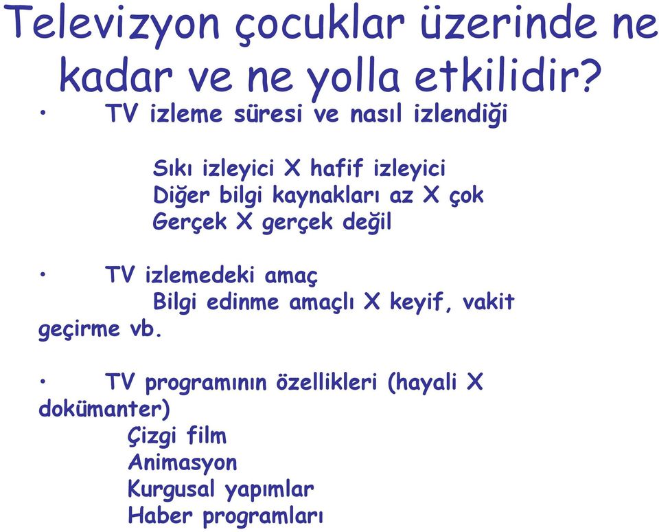 kaynakları az X çok Gerçek X gerçek değil TV izlemedeki amaç Bilgi edinme amaçlı X