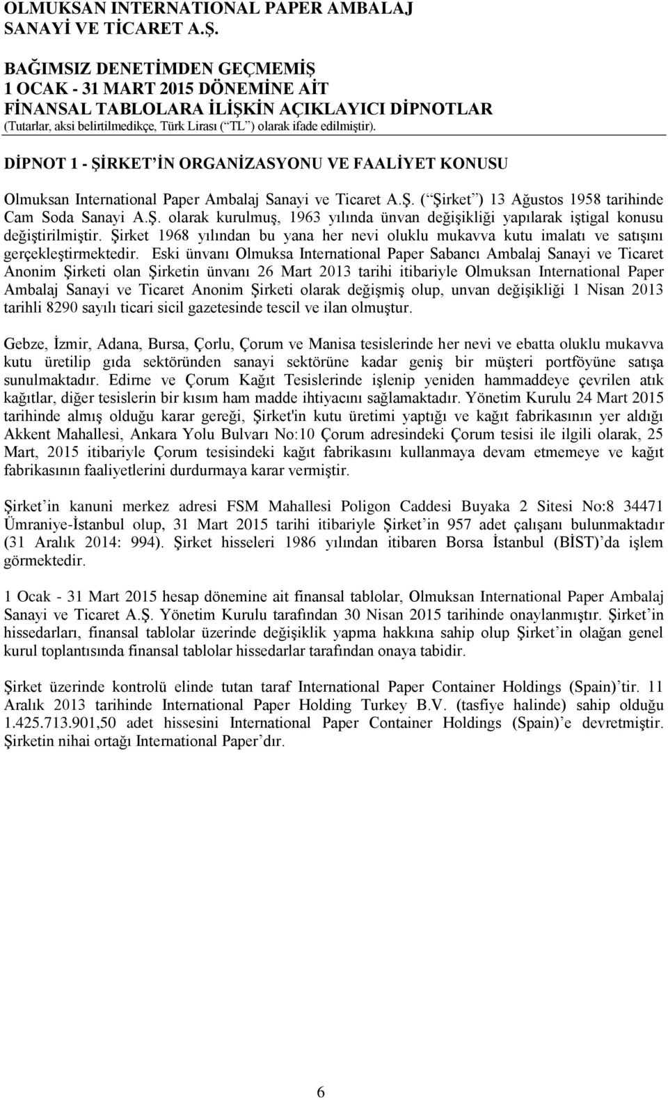 Eski ünvanı Olmuksa International Paper Sabancı Ambalaj Sanayi ve Ticaret Anonim Şirketi olan Şirketin ünvanı 26 Mart 2013 tarihi itibariyle Olmuksan International Paper Ambalaj Sanayi ve Ticaret