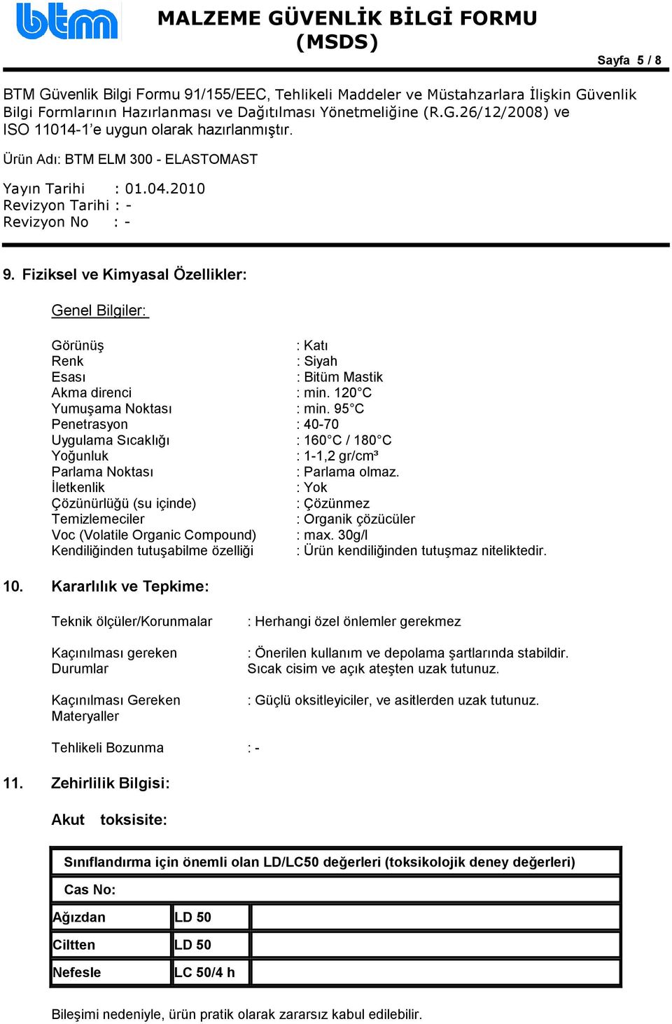 Đletkenlik : Yok Çözünürlüğü (su içinde) : Çözünmez Temizlemeciler : Organik çözücüler Voc (Volatile Organic Compound) : max.