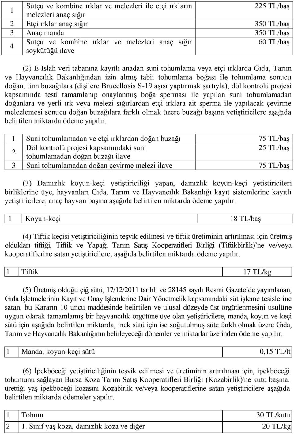 doğan, tüm buzağılara (dişilere Brucellosis S-19 aşısı yaptırmak şartıyla), döl kontrolü projesi kapsamında testi tamamlanıp onaylanmış boğa sperması ile yapılan suni tohumlamadan doğanlara ve yerli