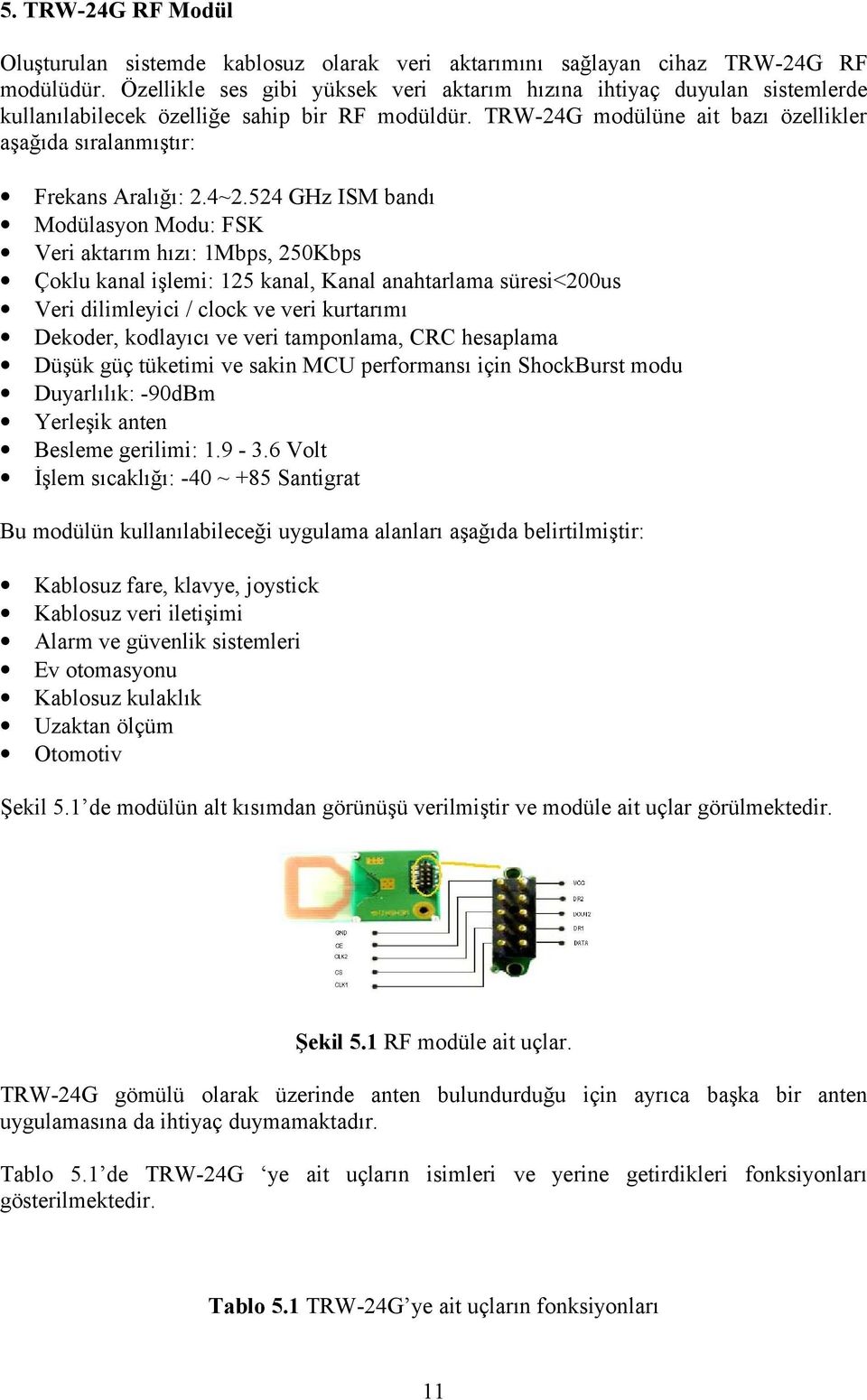 TRW-24G modülüne ait bazı özellikler aşağıda sıralanmıştır: Frekans Aralığı: 2.4~2.