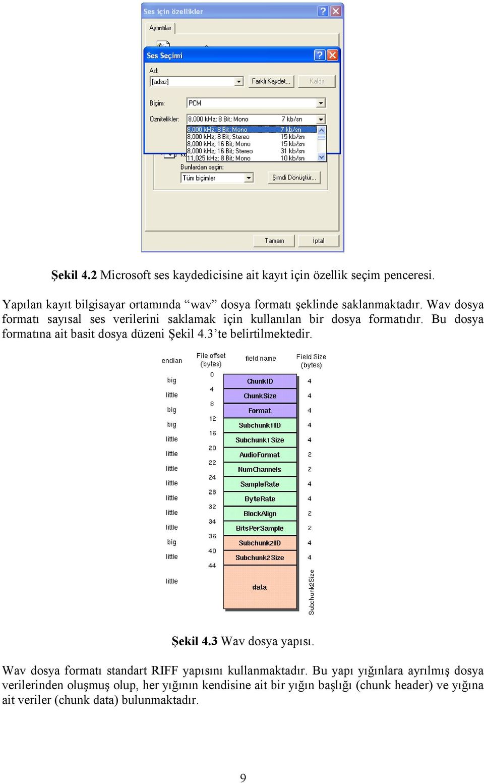 Wav dosya formatı sayısal ses verilerini saklamak için kullanılan bir dosya formatıdır. Bu dosya formatına ait basit dosya düzeni Şekil 4.