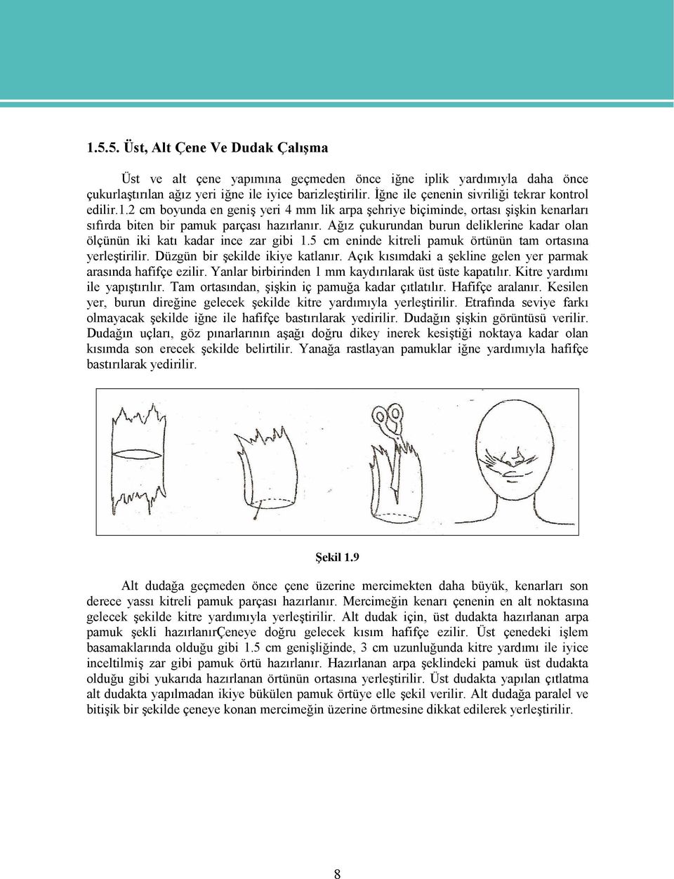 Ağız çukurundan burun deliklerine kadar olan ölçünün iki katı kadar ince zar gibi 1.5 cm eninde kitreli pamuk örtünün tam ortasına yerleştirilir. Düzgün bir şekilde ikiye katlanır.