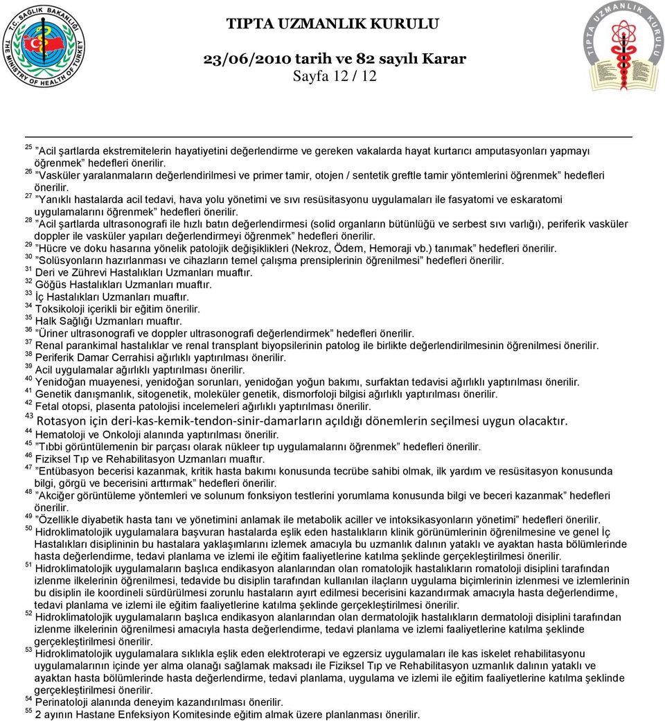 27 Yanıklı hastalarda acil tedavi, hava yolu yönetimi ve sıvı resüsitasyonu uygulamaları ile fasyatomi ve eskaratomi uygulamalarını öğrenmek hedefleri önerilir.