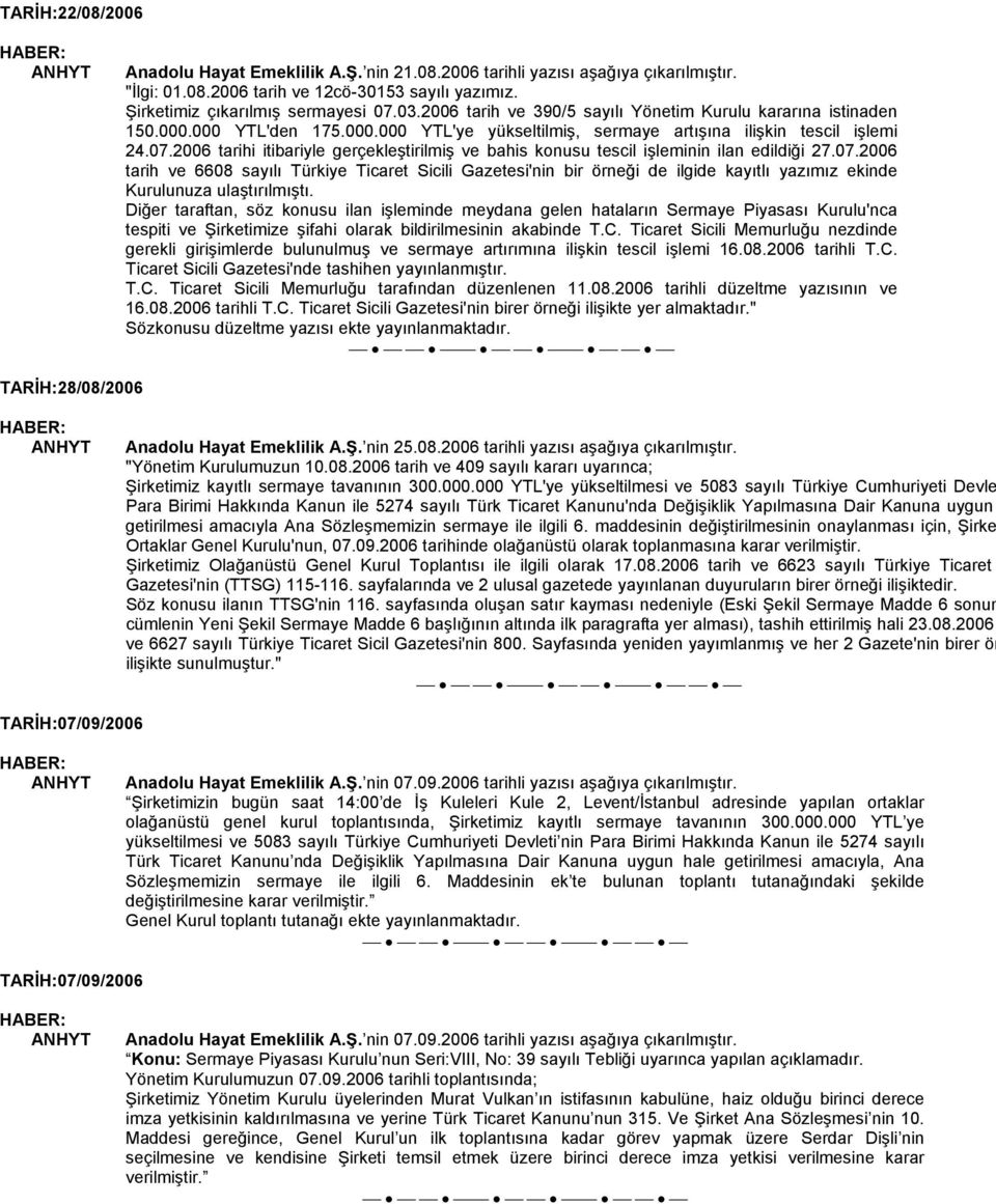 2006 tarihi itibariyle gerçekleştirilmiş ve bahis konusu tescil işleminin ilan edildiği 27.07.