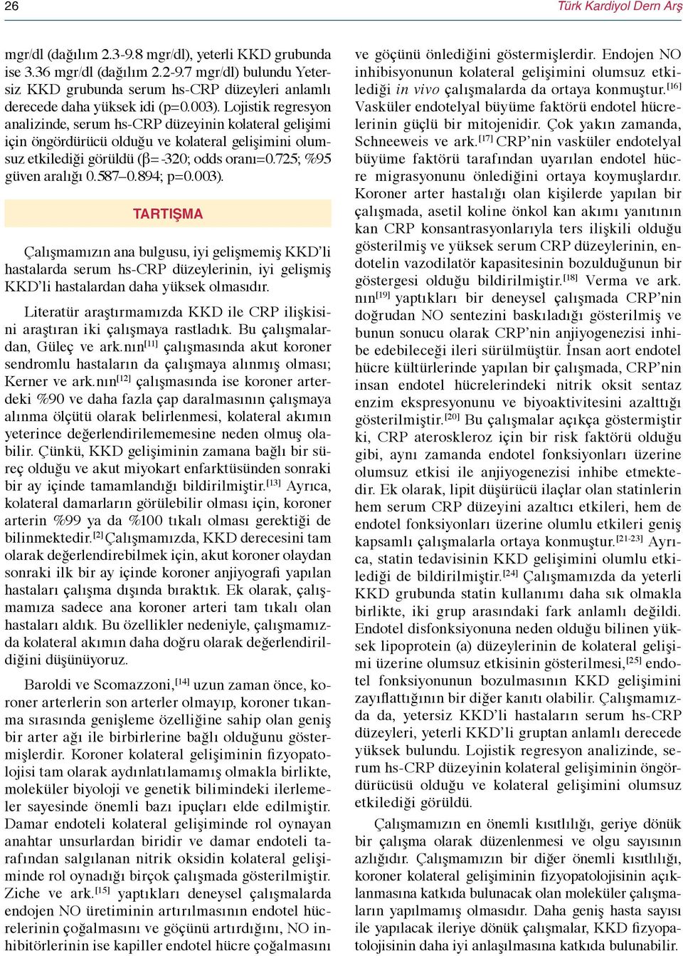 Lojistik regresyon analizinde, serum hs-crp düzeyinin kolateral gelişimi için öngördürücü olduğu ve kolateral gelişimini olumsuz etkilediği görüldü (β= -320; odds oranı=0.725; %95 güven aralığı 0.