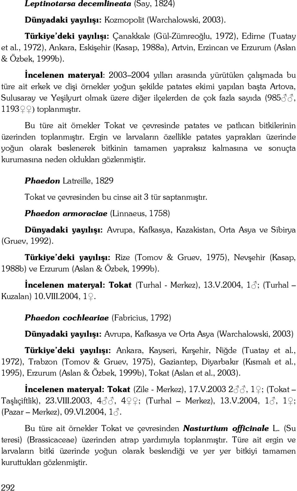 İncelenen materyal: 2003 2004 yılları arasında yürütülen çalışmada bu türe ait erkek ve dişi örnekler yoğun şekilde patates ekimi yapılan başta Artova, Sulusaray ve Yeşilyurt olmak üzere diğer