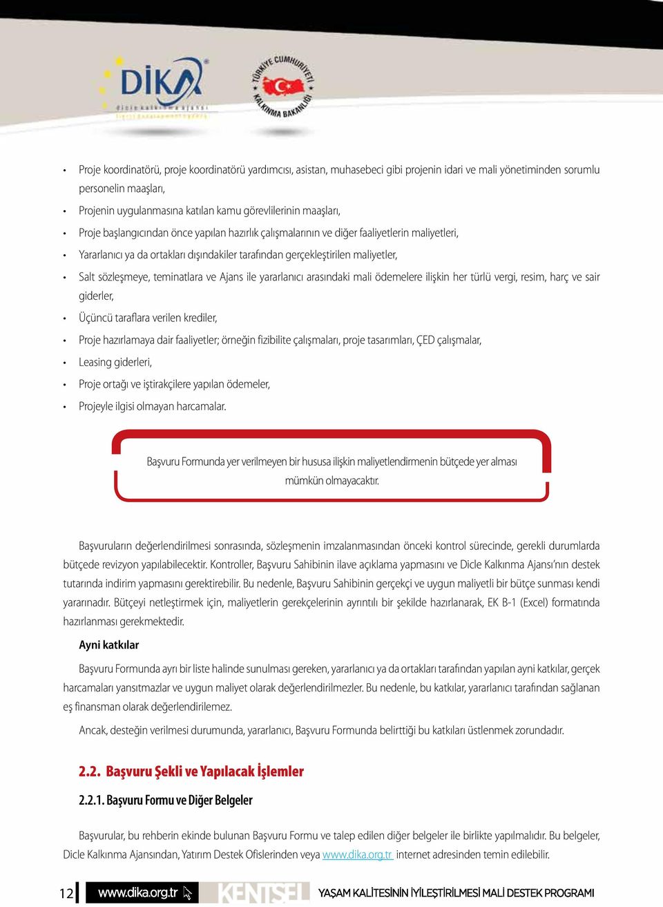 sözleşmeye, teminatlara ve Ajans ile yararlanıcı arasındaki mali ödemelere ilişkin her türlü vergi, resim, harç ve sair giderler, Üçüncü taraflara verilen krediler, Proje hazırlamaya dair