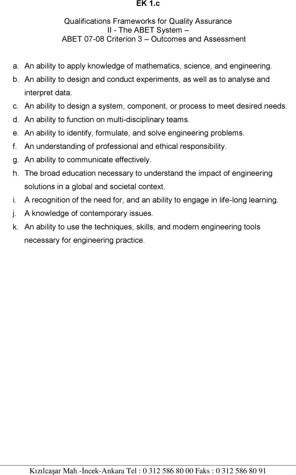 e. An ability to identify, formulate, and solve engineering problems. f. An understanding of professional and ethical responsibility. g. An ability to communicate effectively. h.