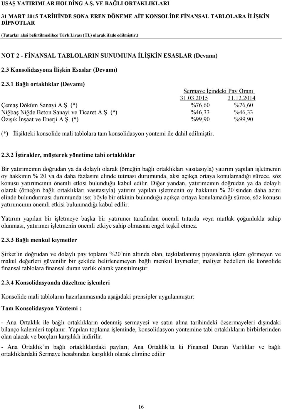 2.3.2 İştirakler, müşterek yönetime tabi ortaklıklar Bir yatırımcının doğrudan ya da dolaylı olarak (örneğin bağlı ortaklıkları vasıtasıyla) yatırım yapılan işletmenin oy hakkının % 20 ya da daha