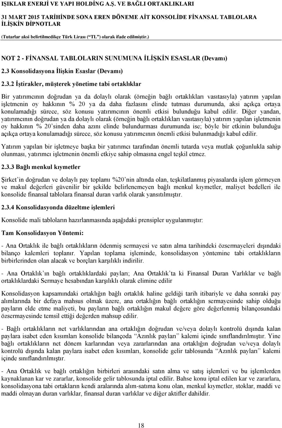 2 İştirakler, müşterek yönetime tabi ortaklıklar Bir yatırımcının doğrudan ya da dolaylı olarak (örneğin bağlı ortaklıkları vasıtasıyla) yatırım yapılan işletmenin oy hakkının % 20 ya da daha