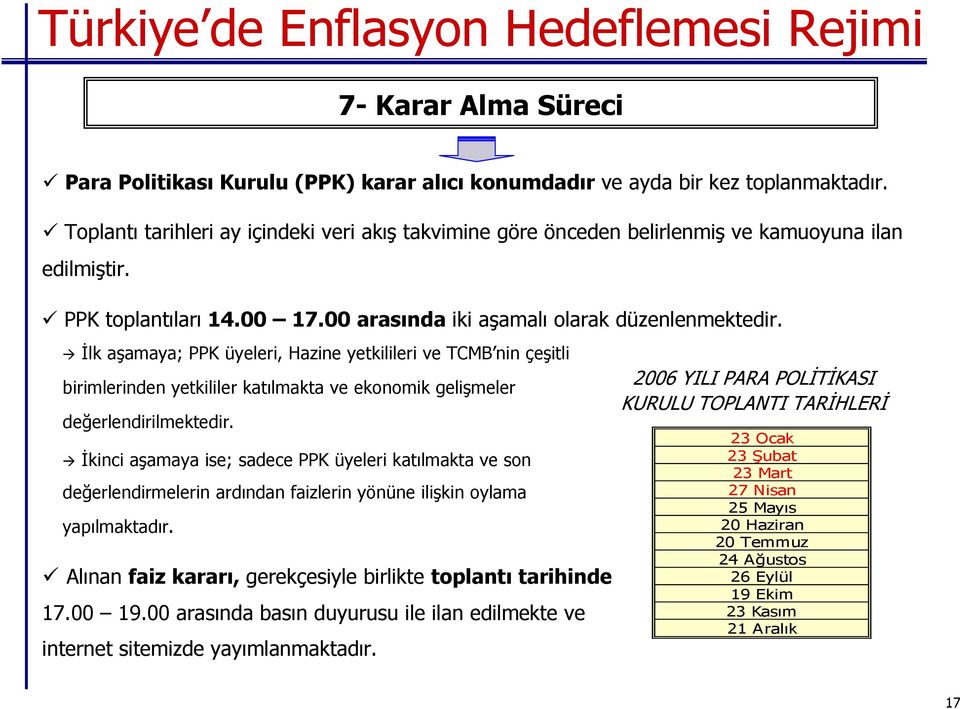 İlk aşamaya; PPK üyeleri, Hazine yetkilileri ve TCMB nin çeşitli birimlerinden yetkililer katılmakta ve ekonomik gelişmeler değerlendirilmektedir.