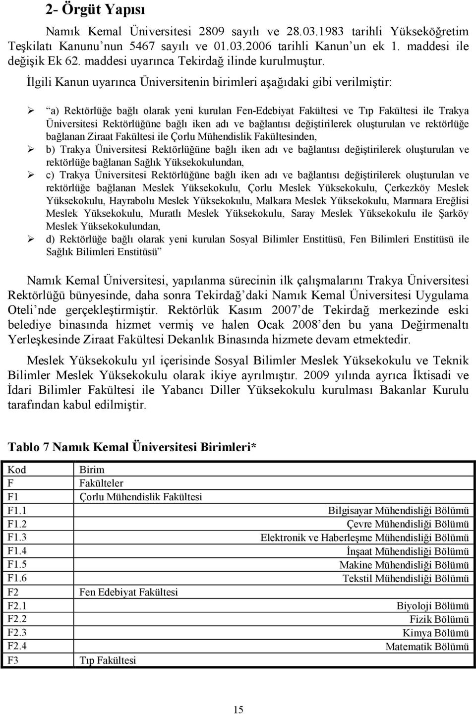 Đlgili Kanun uyarınca Üniversitenin birimleri aşağıdaki gibi verilmiştir: a) Rektörlüğe bağlı olarak yeni kurulan Fen-Edebiyat Fakültesi ve Tıp Fakültesi ile Trakya Üniversitesi Rektörlüğüne bağlı