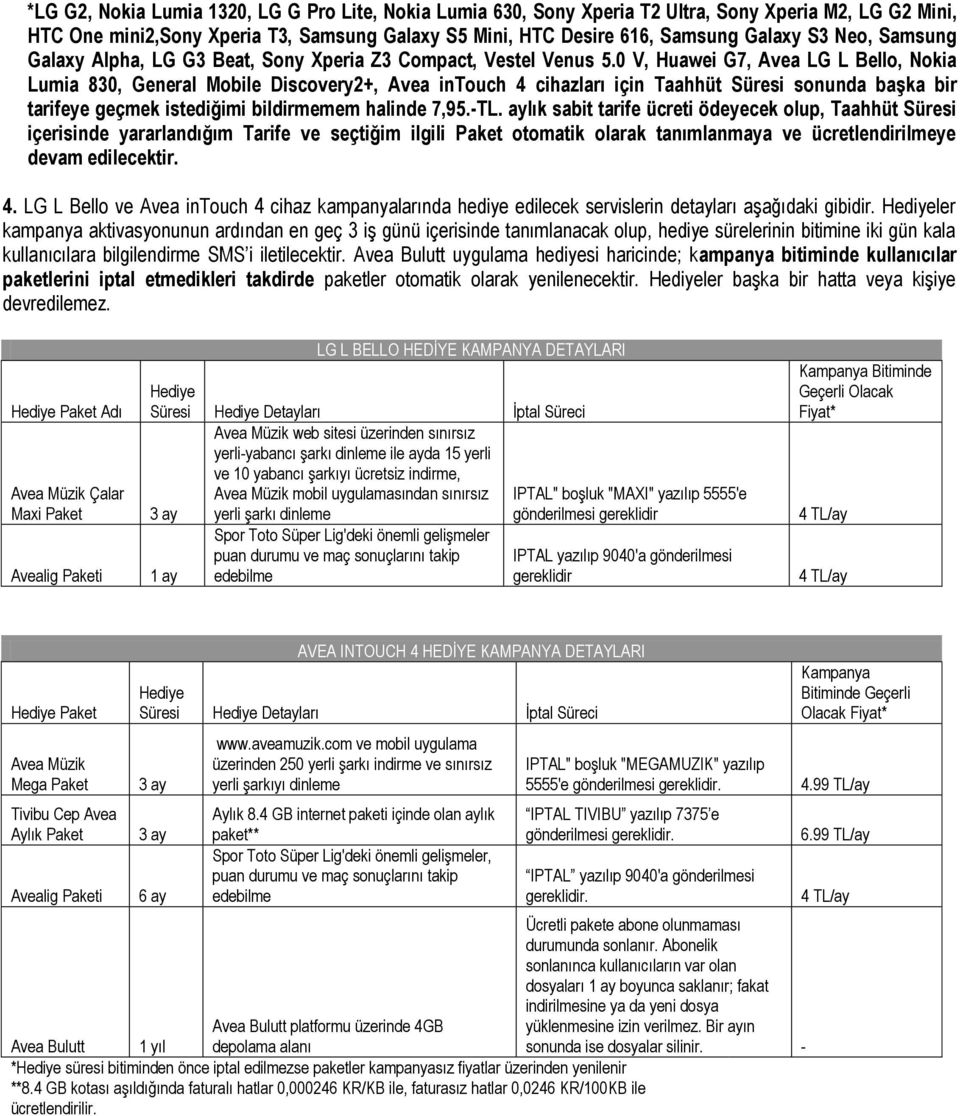 0 V, Huawei G7, Avea LG L Bello, Nokia Lumia 830, General Mobile Discovery2+, Avea intouch 4 cihazları için Taahhüt Süresi sonunda başka bir tarifeye geçmek istediğimi bildirmemem halinde 7,95.-TL.