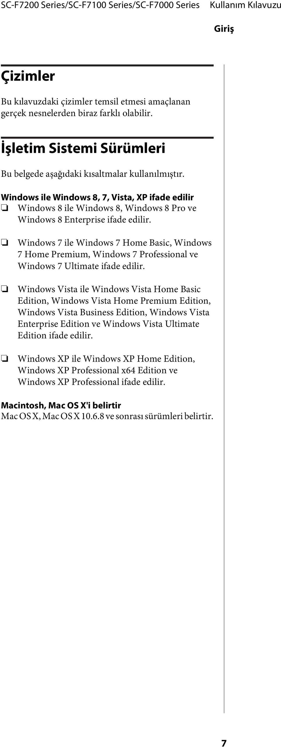 Windows 7 ile Windows 7 Home Basic, Windows 7 Home Premium, Windows 7 Professional ve Windows 7 Ultimate ifade edilir.